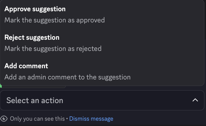 Private CoreRP moderator menu showing Approve suggestion, Reject suggestion, and Add comment