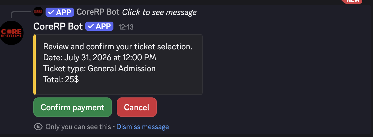 Discord ticket confirmation showing the event date, General Admission type, 25-dollar total, and Confirm payment button