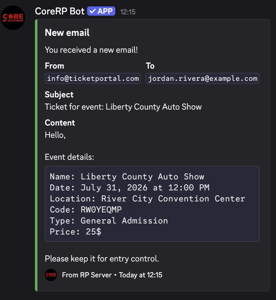 Discord direct message containing the Liberty County Auto Show ticket details and ticket code