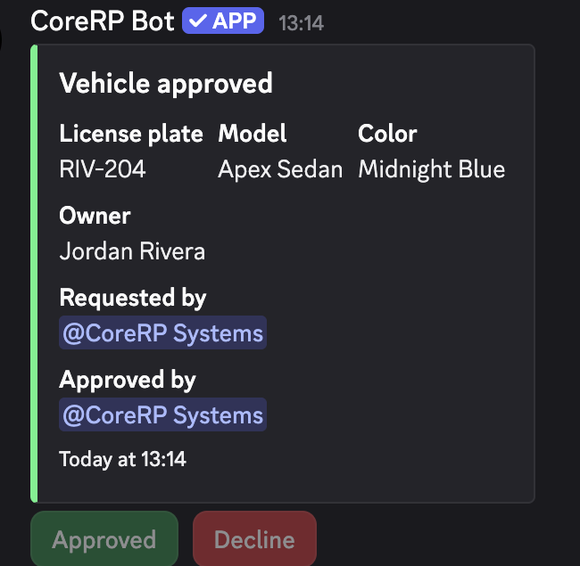 Approved CoreRP vehicle registration showing its plate, model, color, owner, and disabled decision buttons