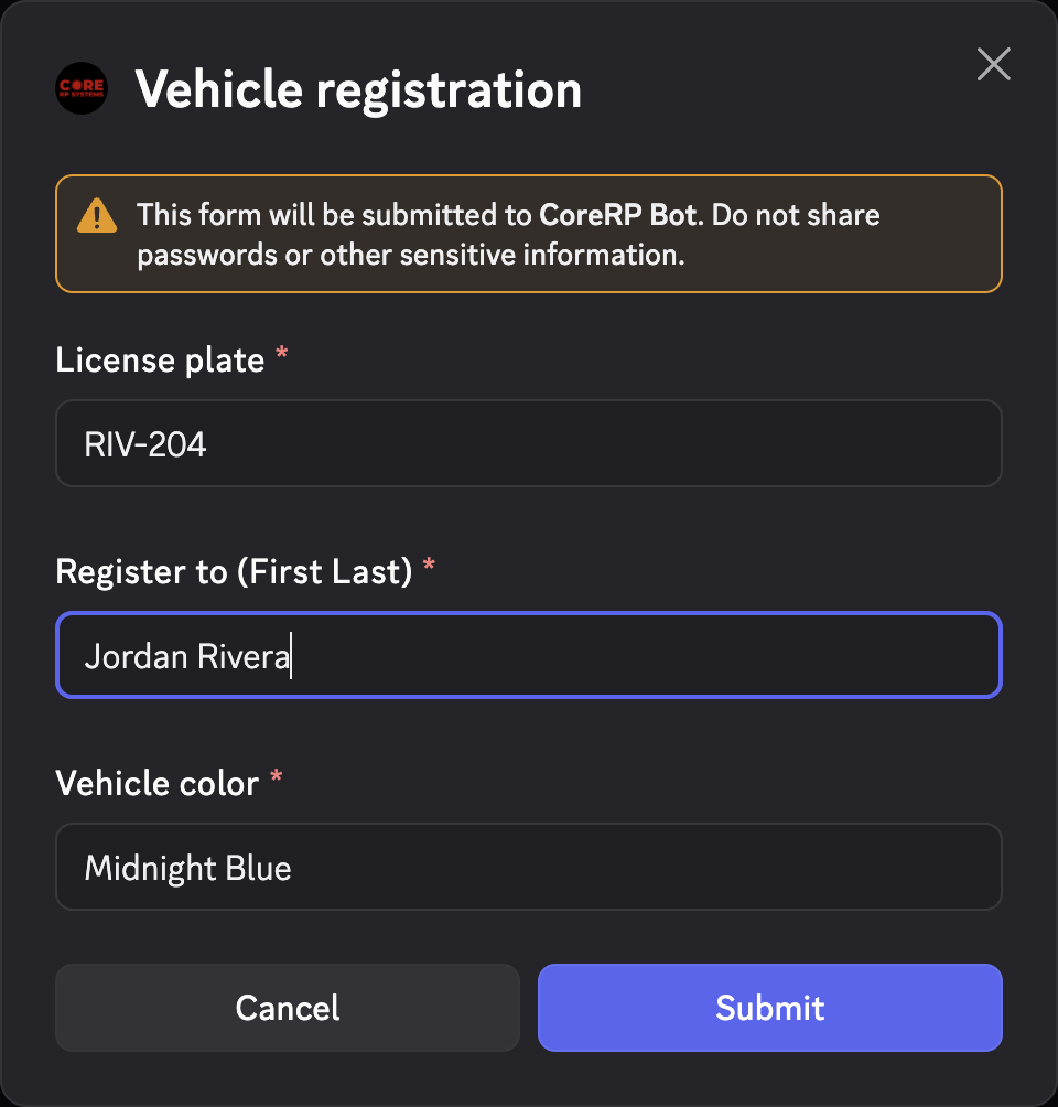 CoreRP Vehicle registration modal completed for Averon Q8 2022 with a unique plate, Jordan Rivera, and Midnight Blue