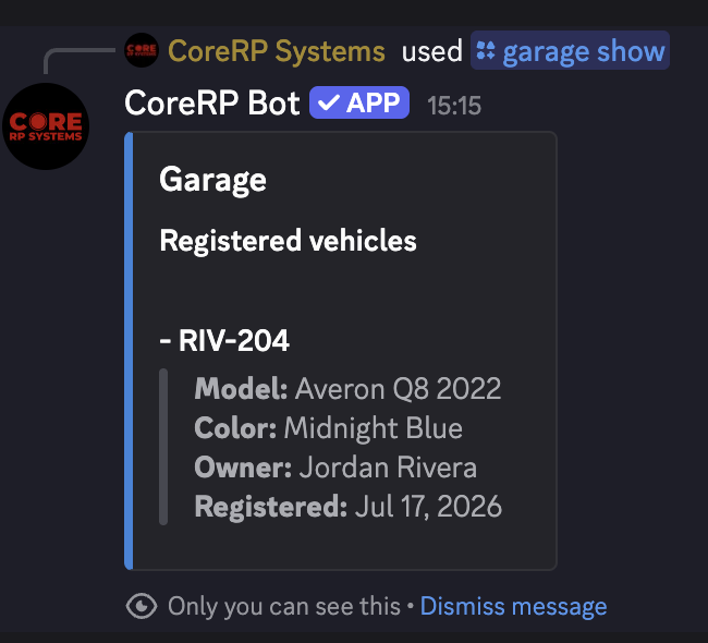 Private CoreRP Garage result showing the Averon Q8 2022 and its current registration state