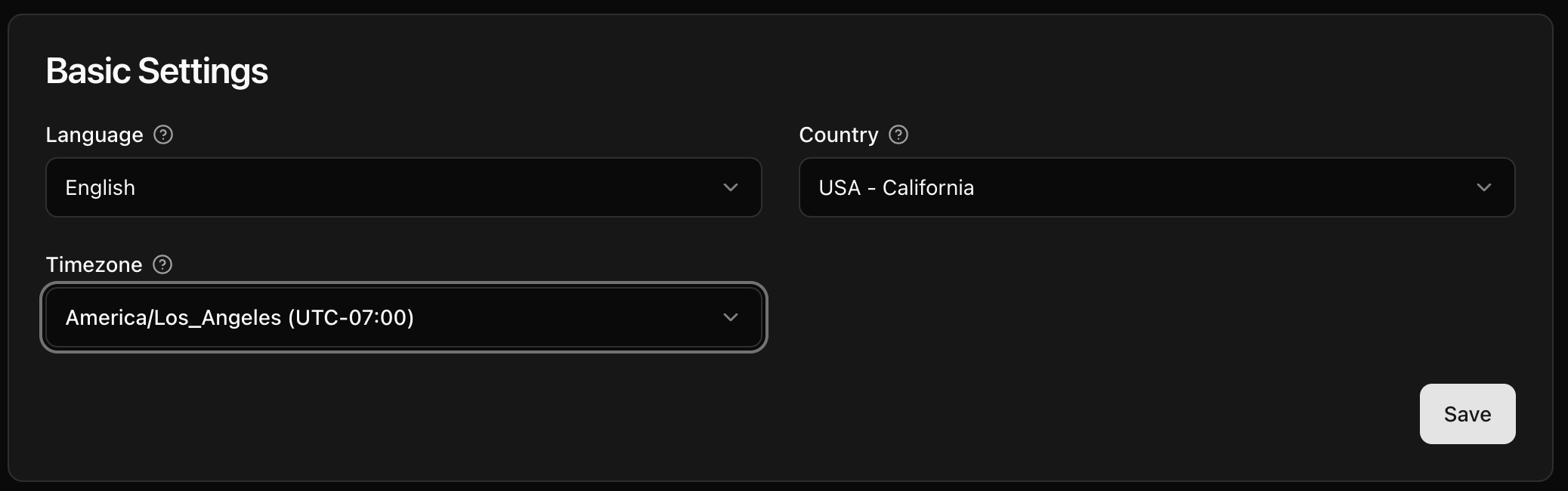 CoreRP Basic Settings showing English, USA - California, and the America Los Angeles timezone