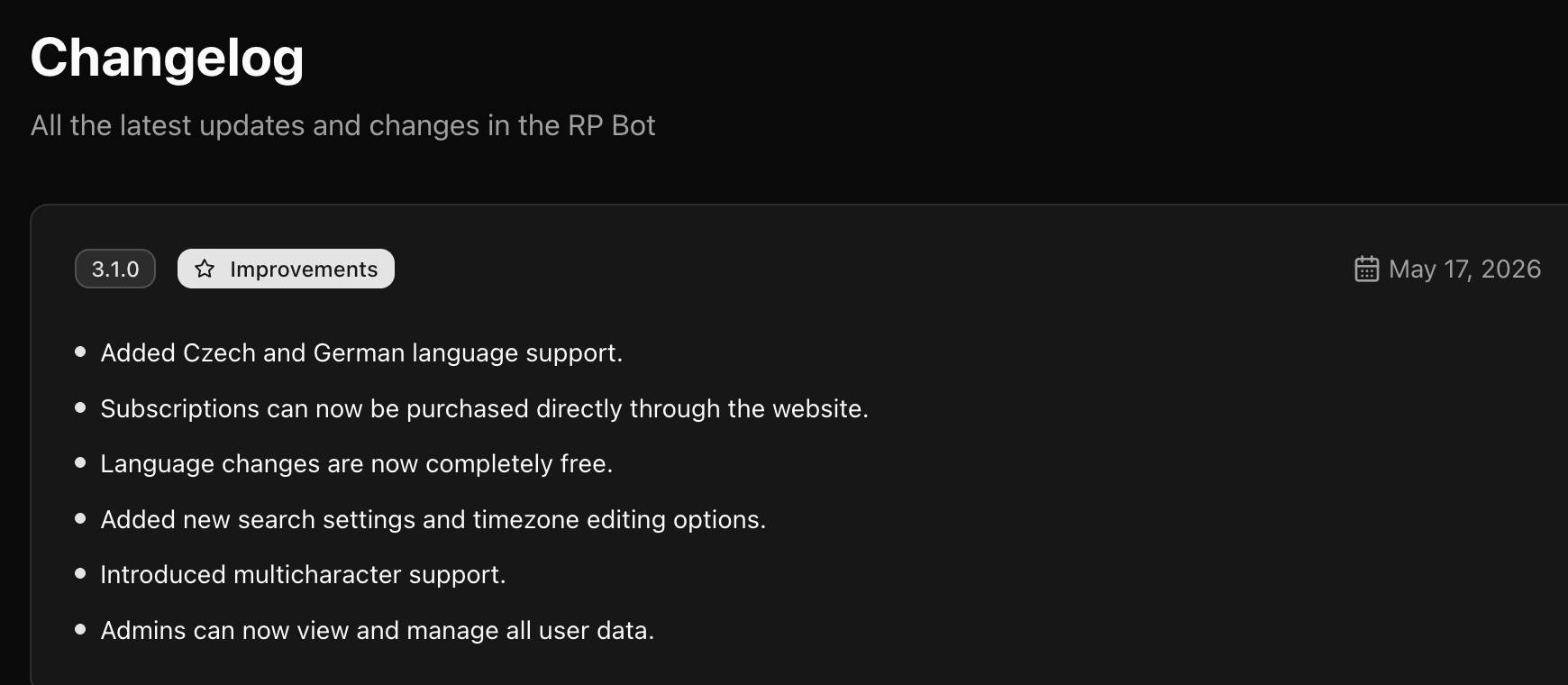 CoreRP Changelog showing the complete version 3.1.0 Improvements card dated May 17, 2026