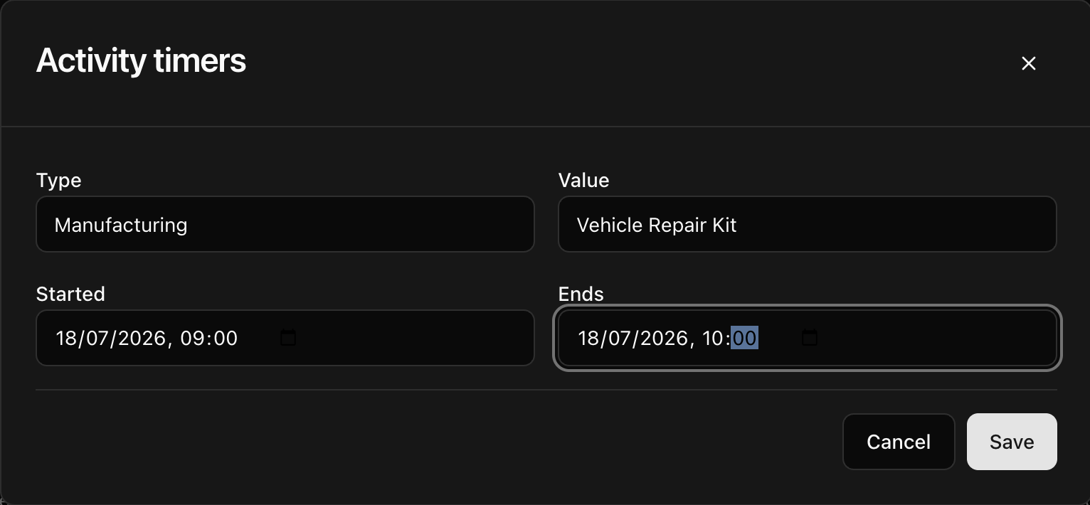 CoreRP dashboard activity timer editor showing a one-hour Manufacturing timer for a Vehicle Repair Kit
