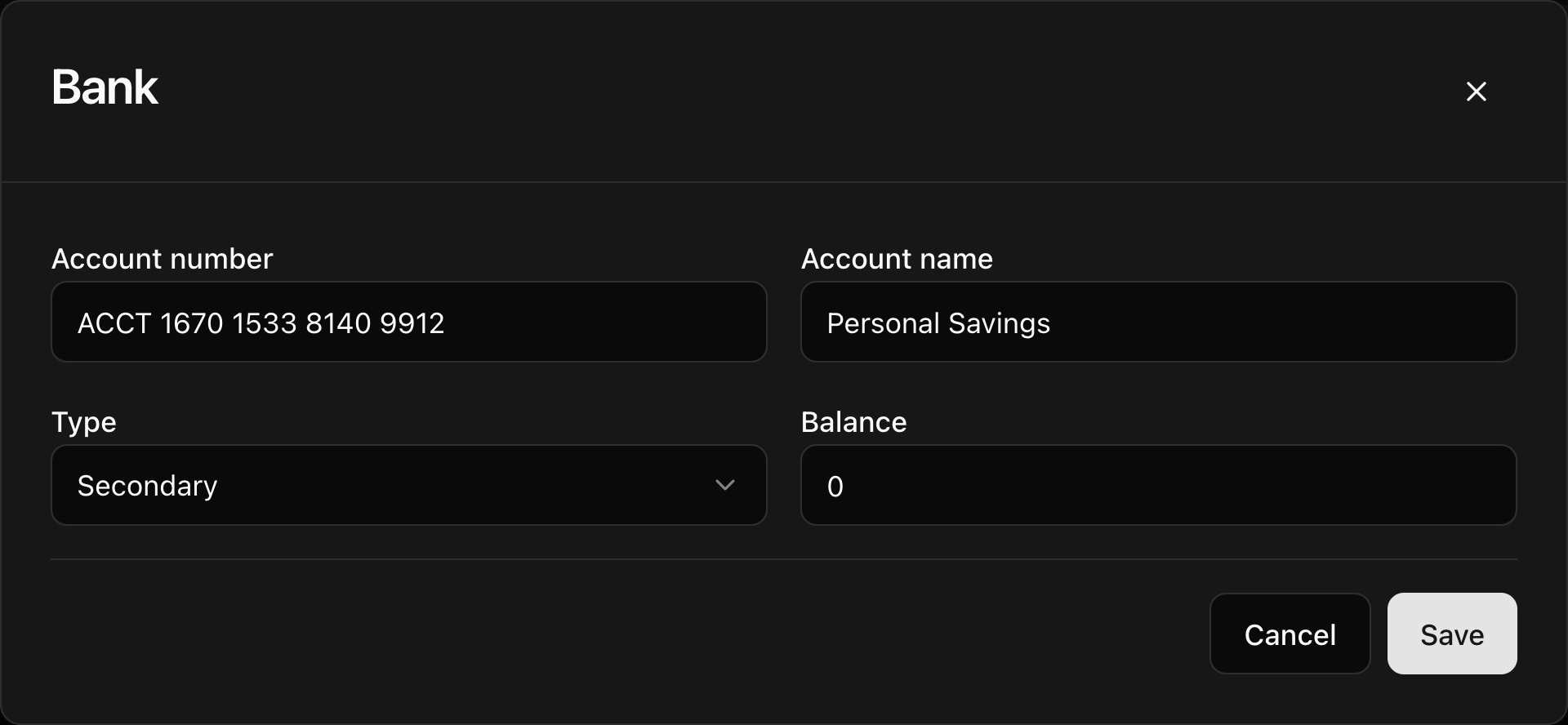 CoreRP dashboard Bank editor showing the Personal Savings account with a zero balance
