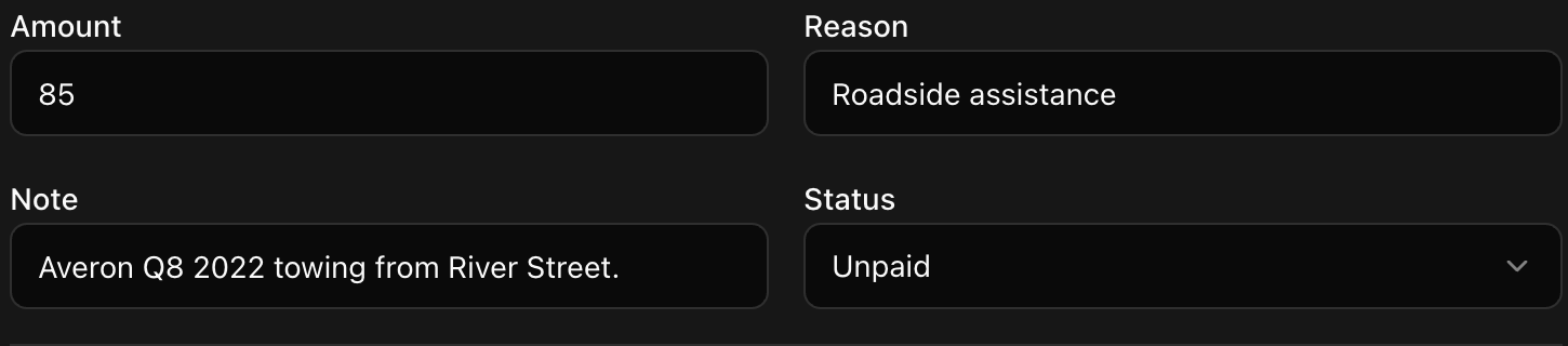 CoreRP invoice editor showing an unpaid 85-dollar roadside-assistance invoice and its vehicle-service note
