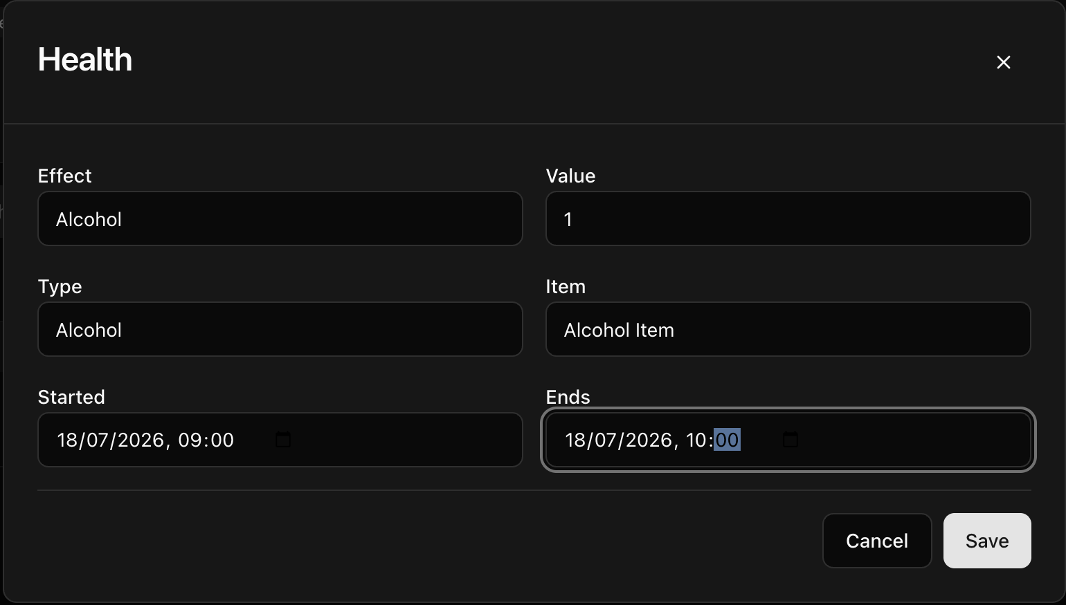 Health editor showing a one-hour Alcohol effect from an Alcohol Item