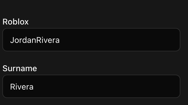 CoreRP identity editor showing the JordanRivera Roblox username and Rivera surname