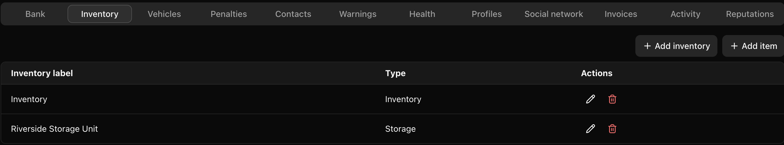 CoreRP Inventory tab showing the personal inventory and Riverside Storage Unit