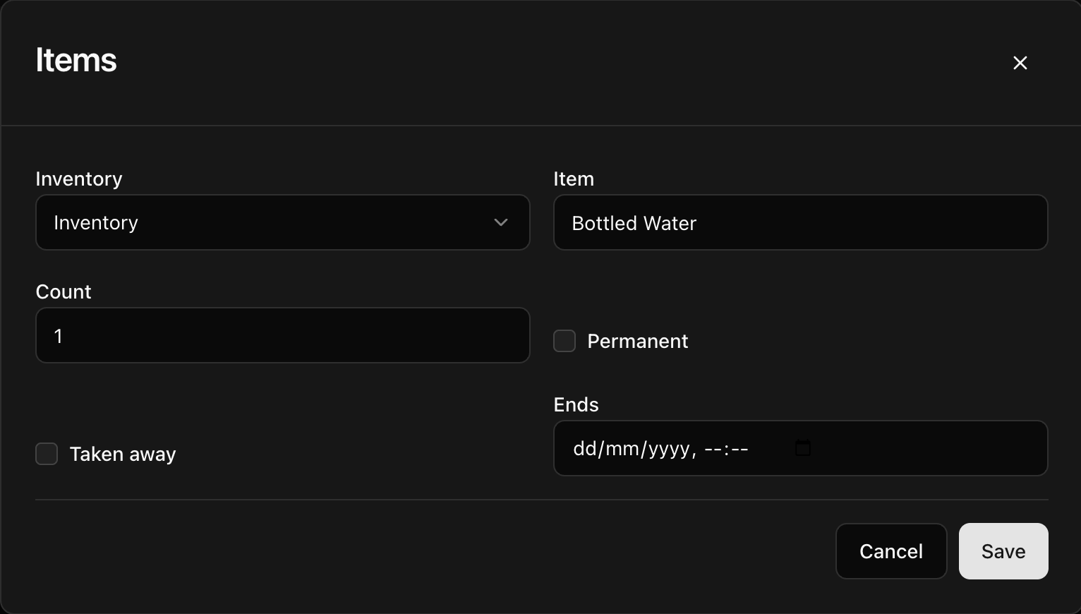 CoreRP dashboard Items editor showing one Bottled Water in the personal inventory with its item-state controls