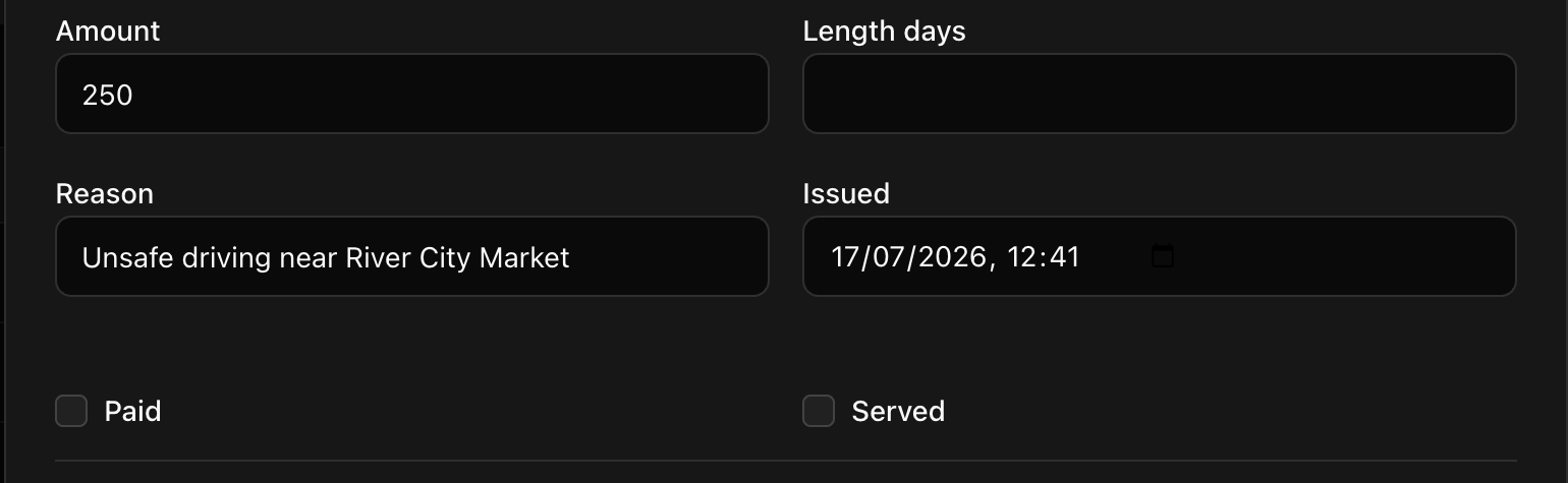 CoreRP dashboard penalty fields showing a 250-dollar fine for unsafe driving near River City Market