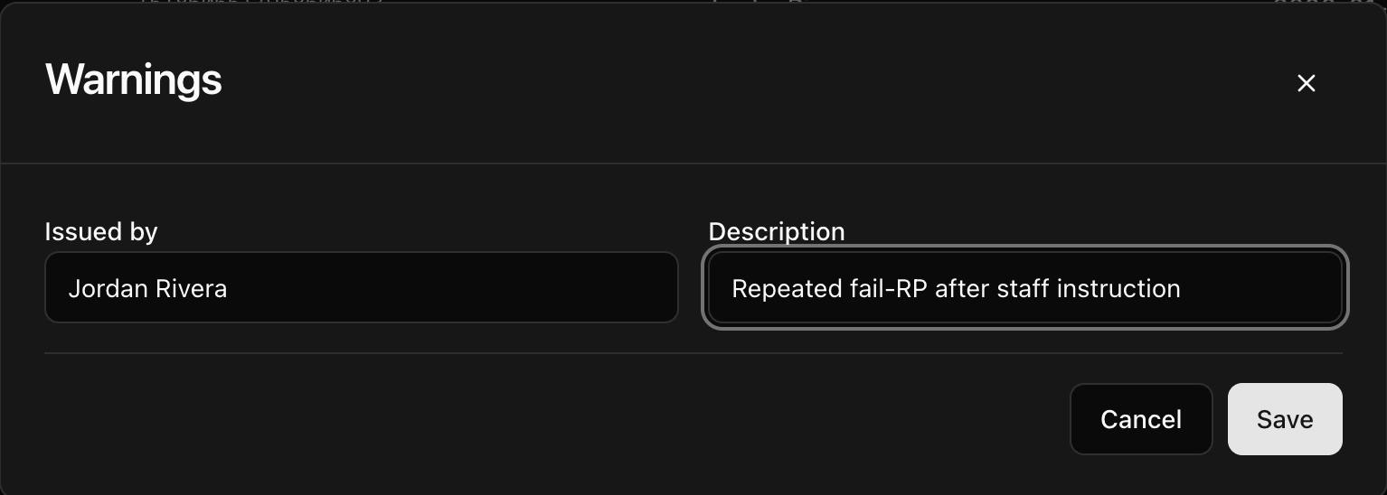 CoreRP dashboard warning editor showing Jordan Rivera as the issuer and a repeated fail-RP reason