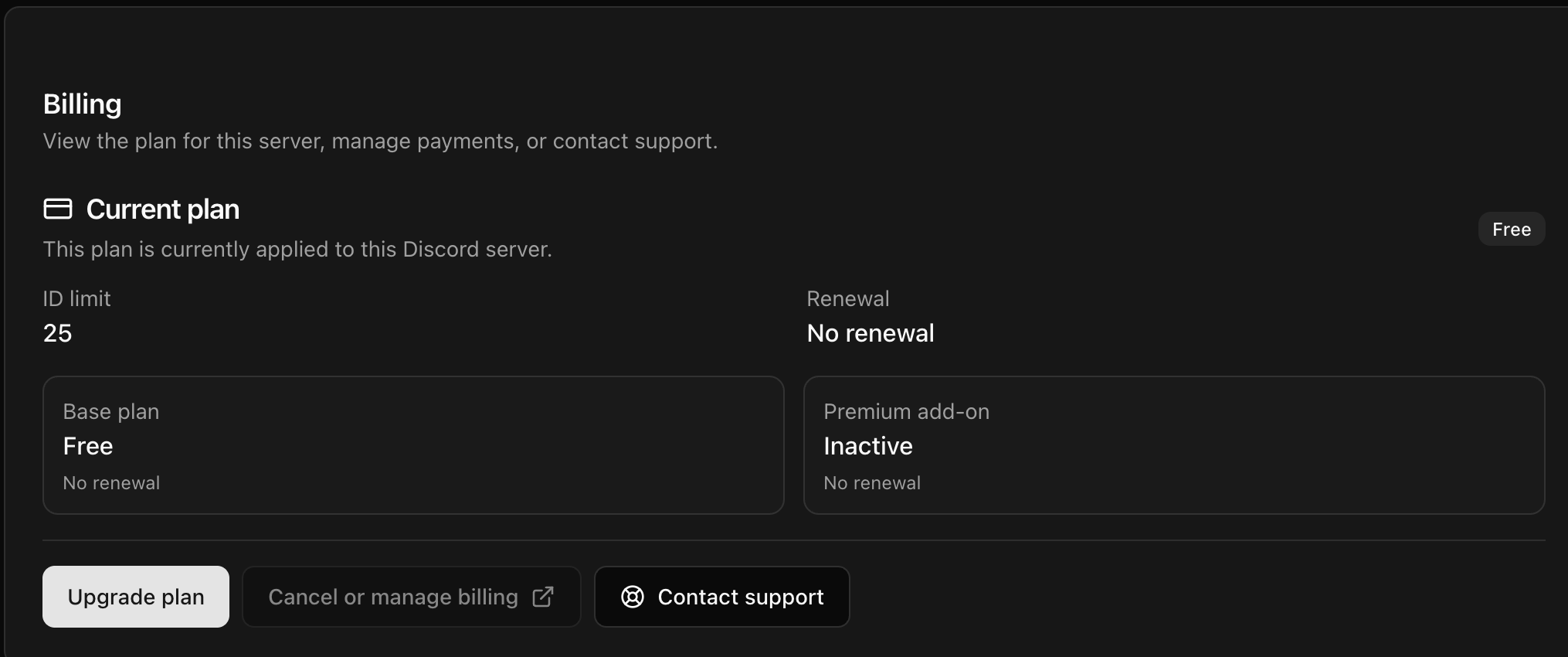 Billing summary showing the current Free plan, ID limit, renewal, base plan, and Premium add-on