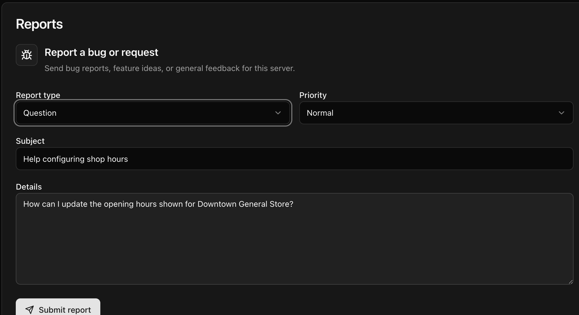 Completed question report asking how to configure shop hours