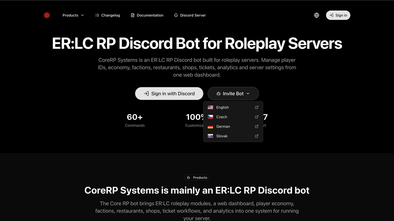 CoreRP website language menu showing the available bot languages