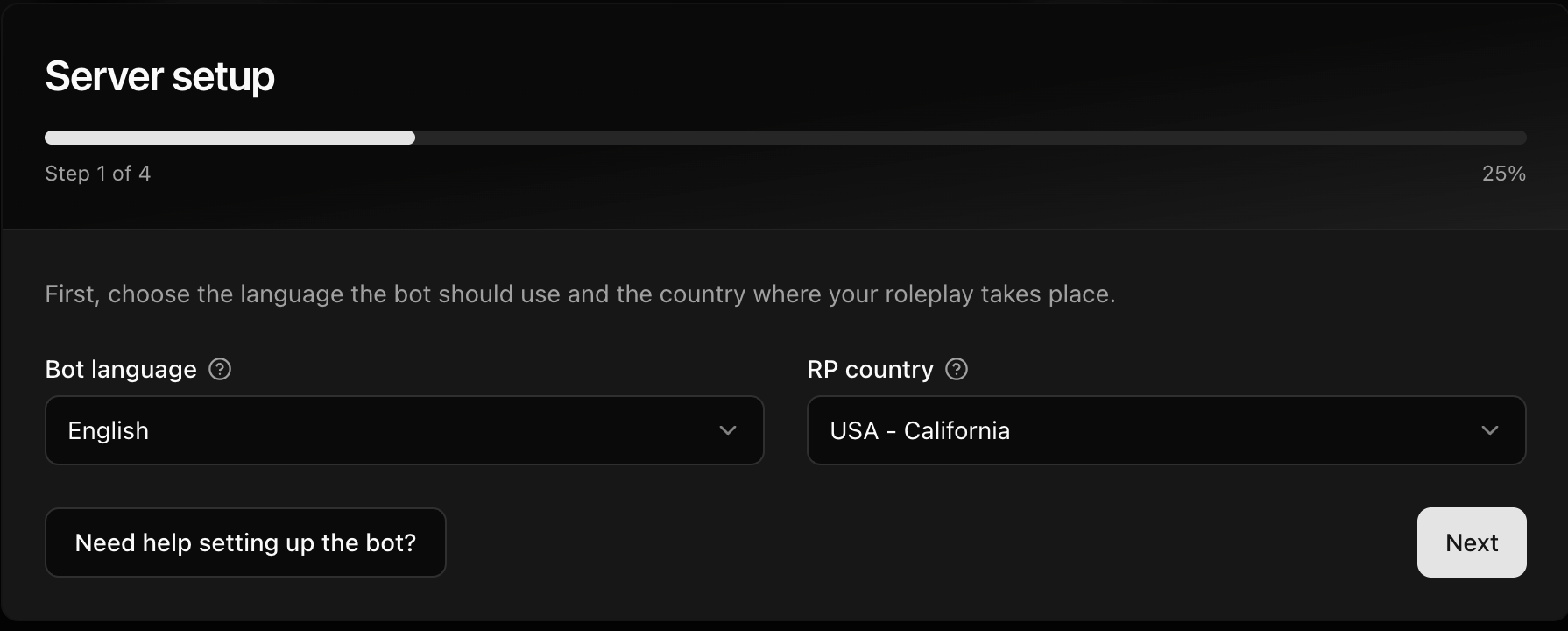 CoreRP Server setup showing English as the bot language and USA - California as the RP country
