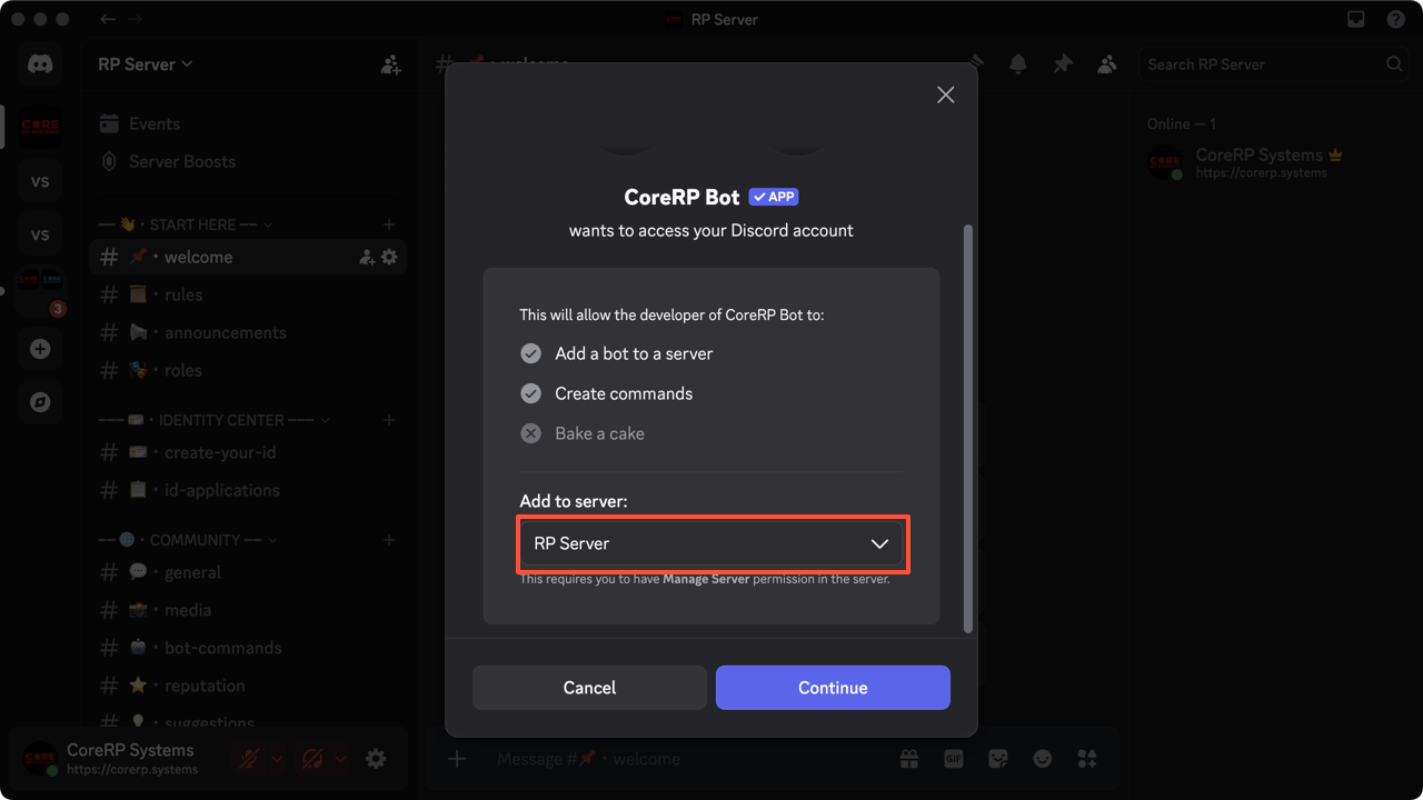 Discord authorization page with an example server selected under Add to server