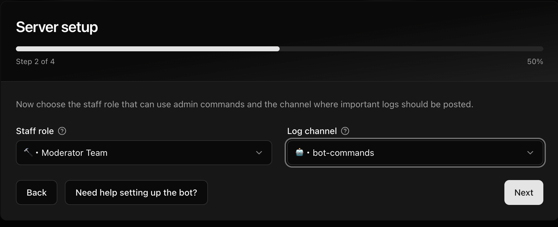 CoreRP Server setup showing Moderator Team as the staff role and bot-commands as the log channel