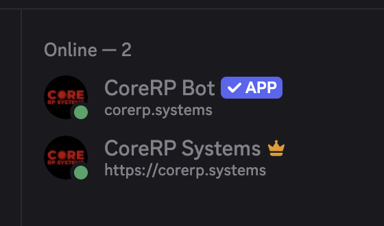 Example Discord server member list showing CoreRP Bot online