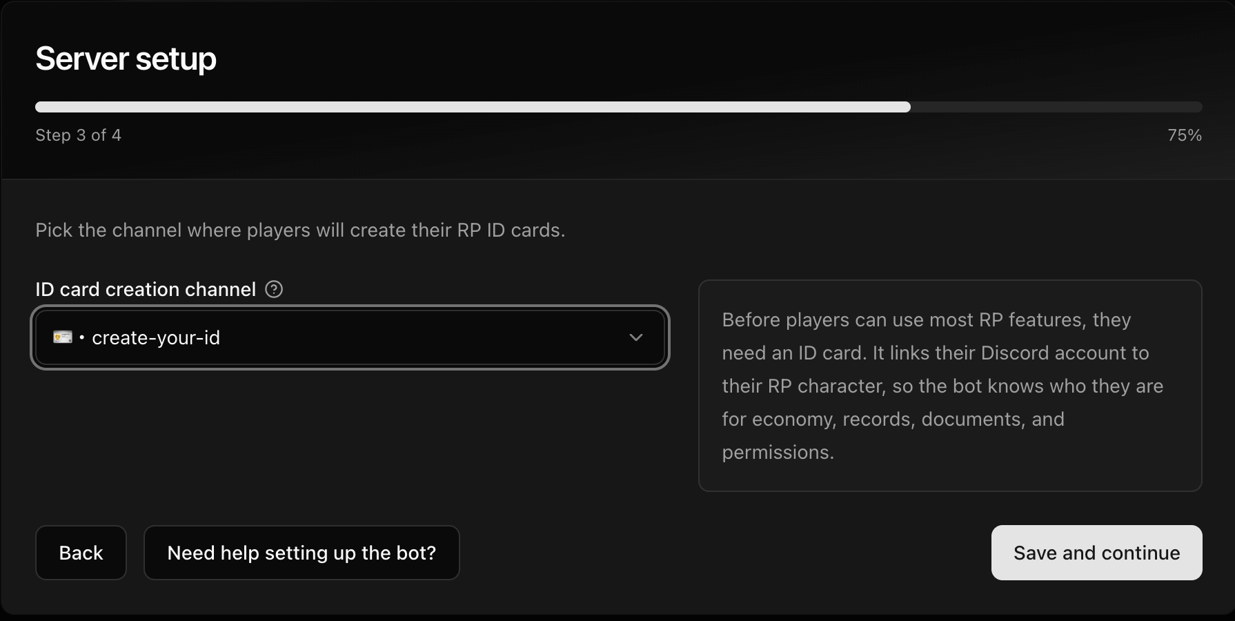 CoreRP Server setup showing create-your-id as the ID card creation channel and the Save and continue button