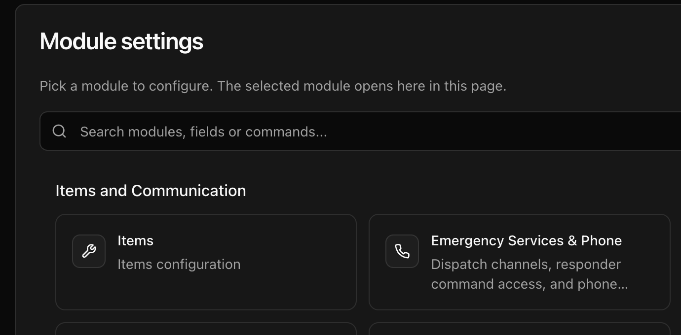 CoreRP Module settings page showing the settings search field and module cards