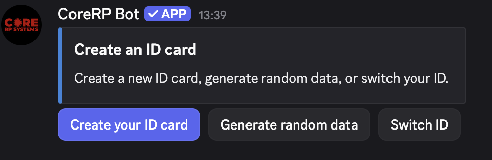 Discord Create an ID card panel published by CoreRP Bot with the available ID actions