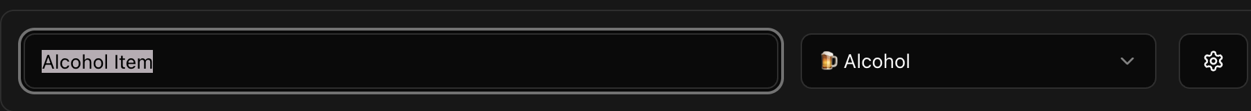 CoreRP item row showing Alcohol Item with the Alcohol category selected and its gear-shaped Settings button