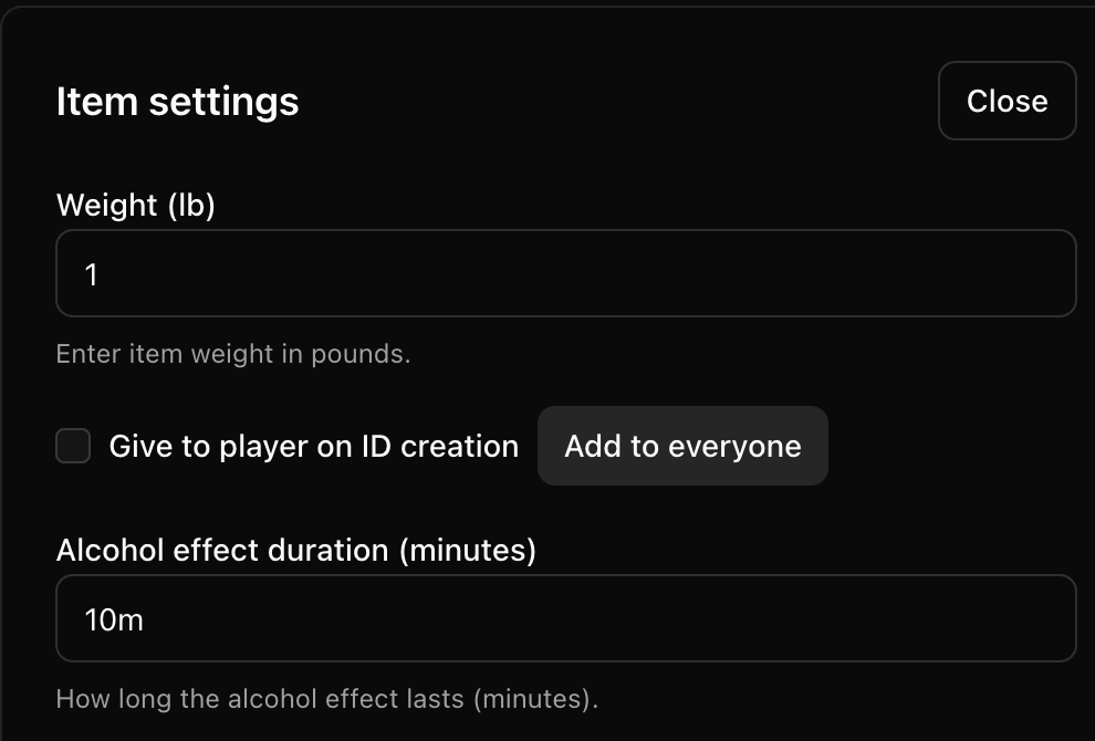 CoreRP Item settings for Alcohol Item showing a weight of 1 lb, Give to player on ID creation unchecked, and an alcohol effect duration of 10m
