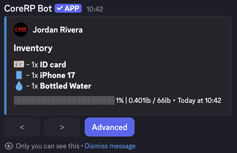 Discord private CoreRP inventory for Jordan Rivera showing an ID card, iPhone 17, and one Bottled Water