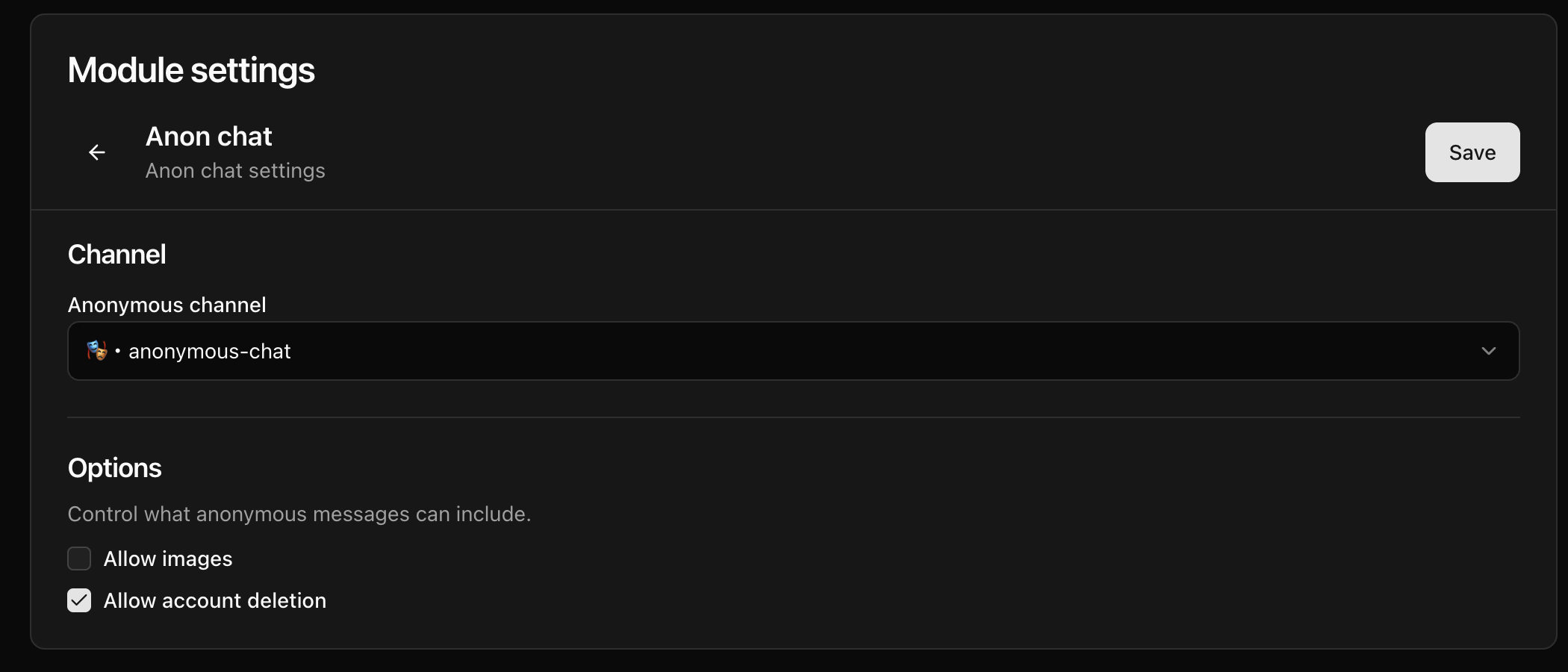 CoreRP Anon chat settings with anonymous-chat selected, Allow images disabled, and Allow account deletion enabled