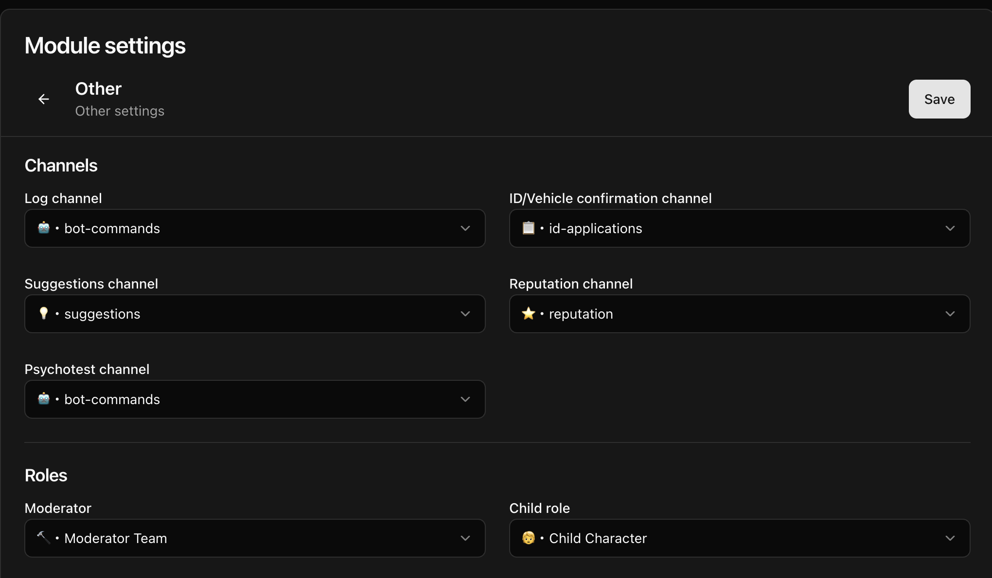 CoreRP Other settings showing five saved channel destinations and the Moderator and Child role selections