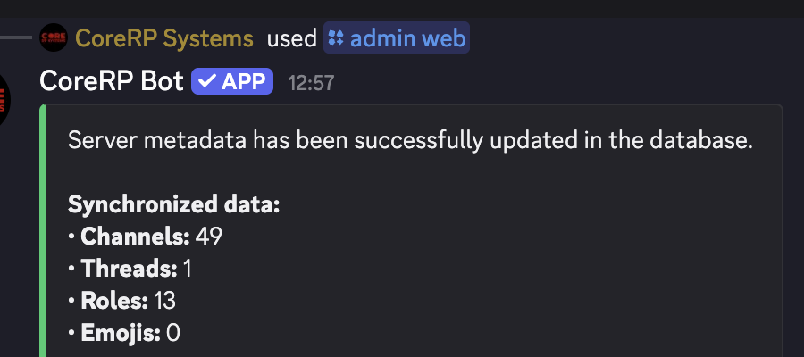 Private Discord admin web result confirming synchronization of 49 channels, 1 thread, 13 roles, and 0 emojis