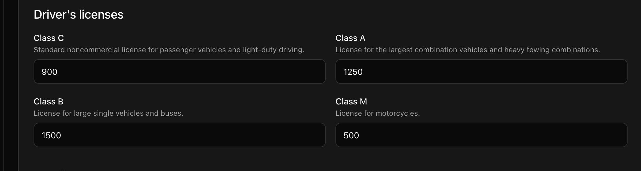 CoreRP Driver's licenses fields for USA – California showing Class C 900, Class A 1250, Class B 1500, and Class M 500