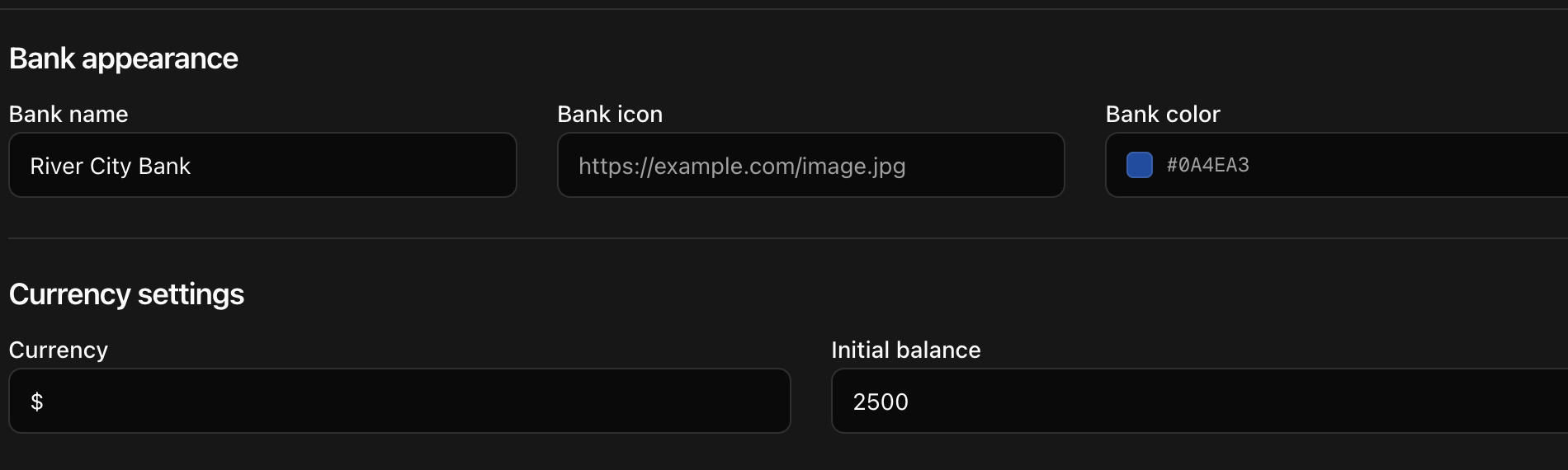 CoreRP Economy Settings showing River City Bank, an empty optional icon field, a blue bank color, dollar currency, and an initial balance of 2500