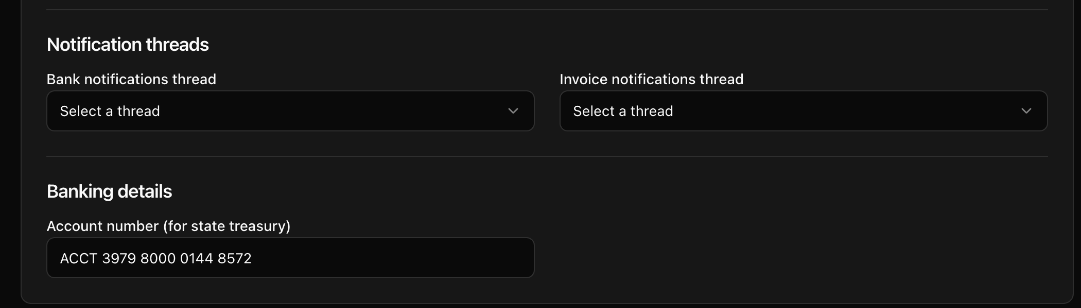 CoreRP Economy Settings showing empty bank and invoice notification-thread selectors and the US state-treasury account-number field