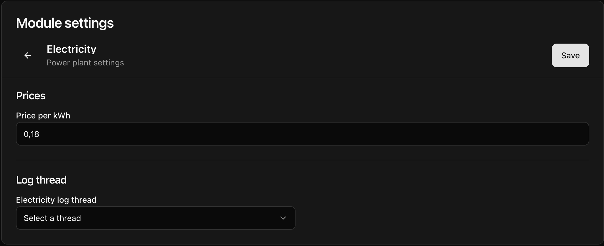 CoreRP Electricity settings showing a price of 0.18 per kWh, no electricity log thread selected, and the Save button