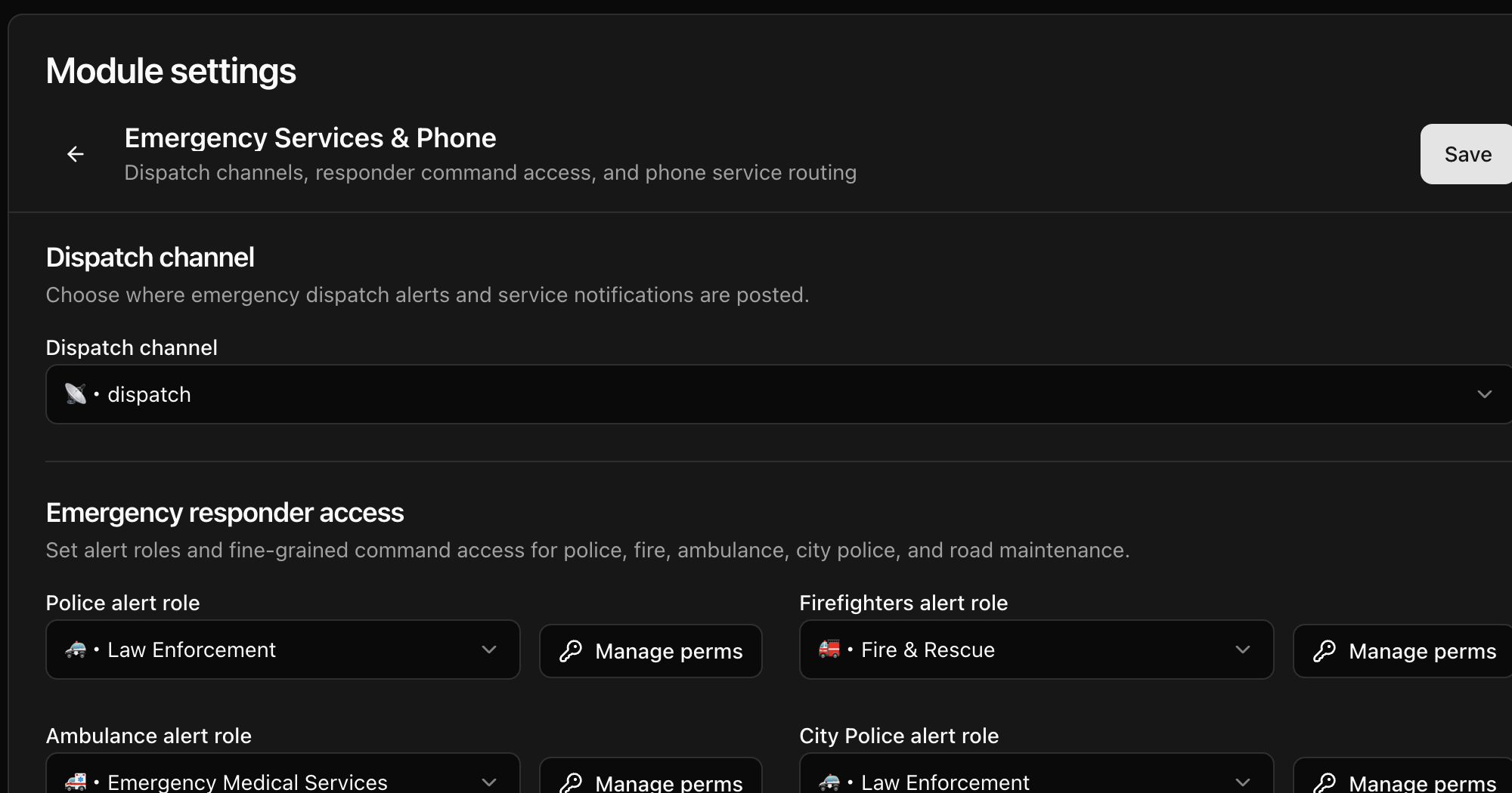 CoreRP Emergency Services and Phone settings with 📡・dispatch selected, Law Enforcement assigned to Police and City Police, Fire & Rescue assigned to Firefighters, and Emergency Medical Services assigned to Ambulance