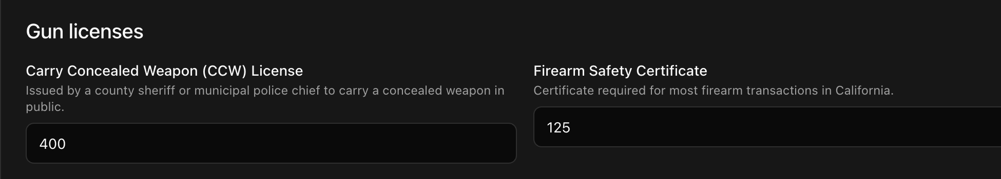 CoreRP Gun licenses fields for USA – California showing Carry Concealed Weapon License 400 and Firearm Safety Certificate 125