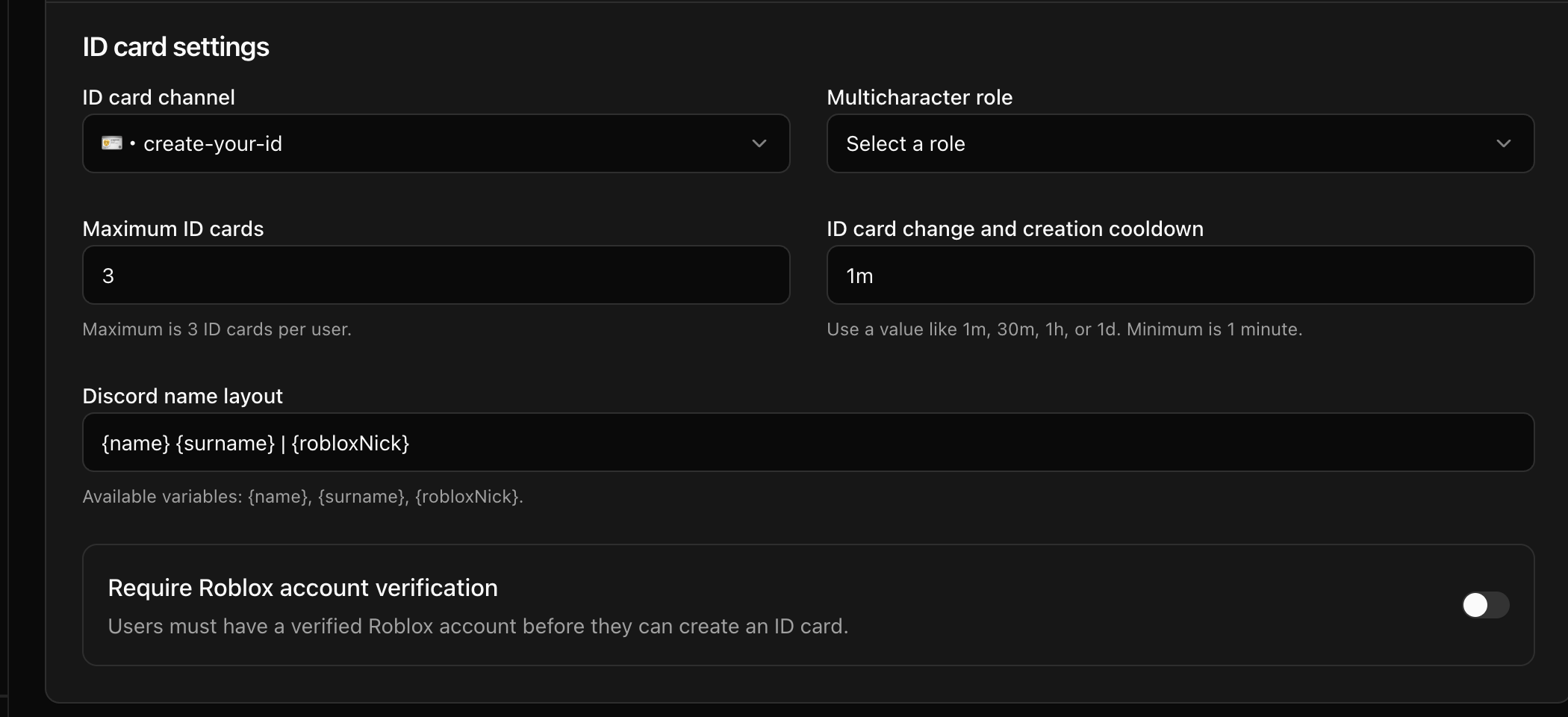 CoreRP ID card settings showing the create-your-id channel, no multicharacter role, maximum three IDs, a one-minute cooldown, the default name-layout variables, and Roblox verification disabled