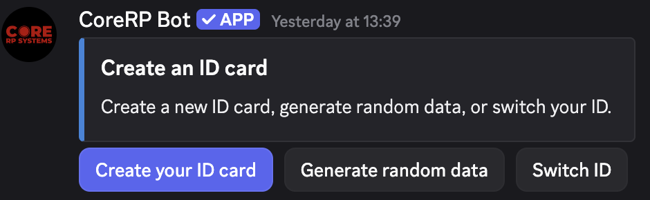 Discord ID-creation panel with Create your ID card, Generate random data, and Switch ID controls