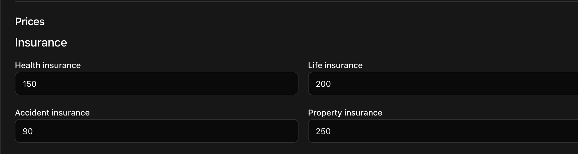 CoreRP Insurance price fields showing Health 150, Life 200, Accident 90, and Property 250