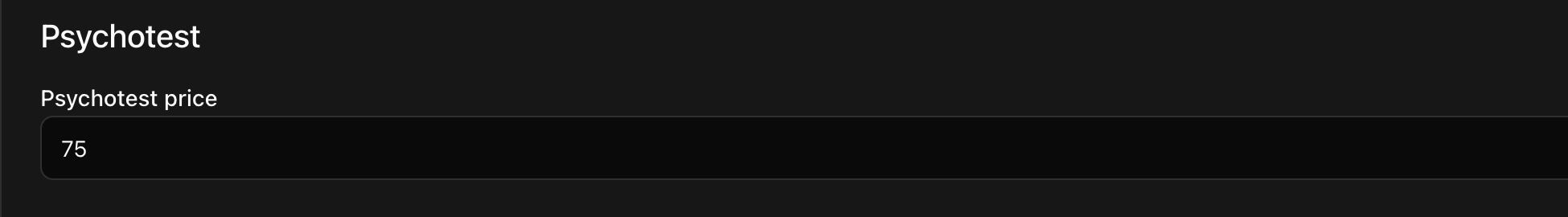 CoreRP Psychotest price field showing an example value of 75