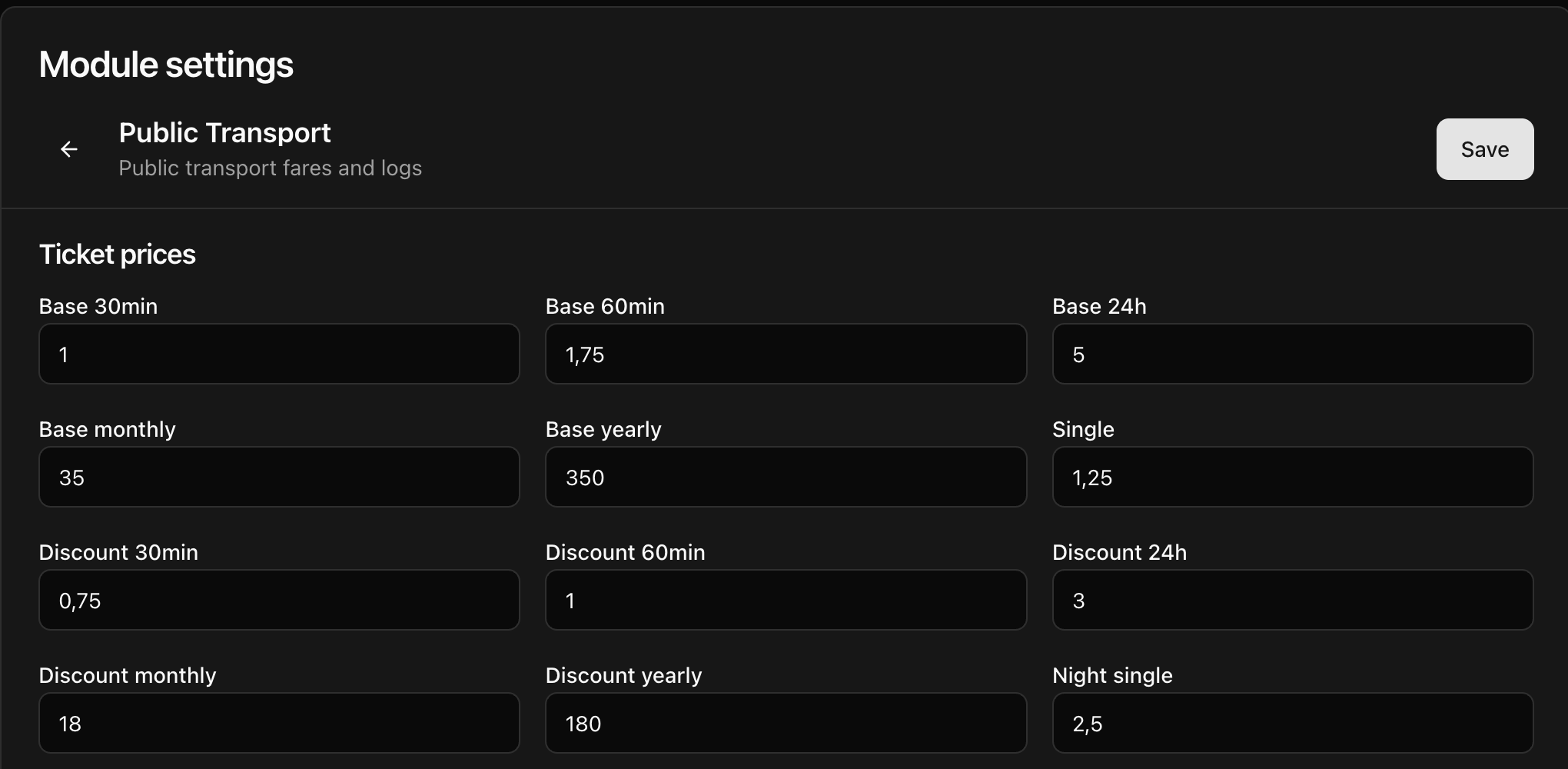 CoreRP Public Transport settings showing all 12 ticket-price fields and the Save button