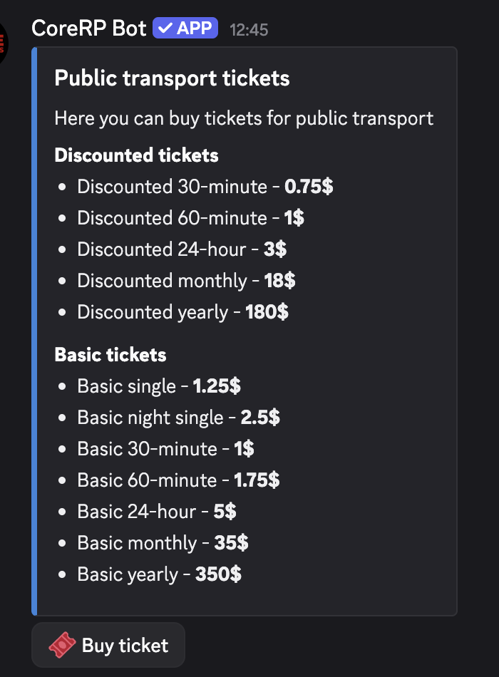 Public Discord Public transport tickets panel showing all discounted and basic fares plus Buy ticket