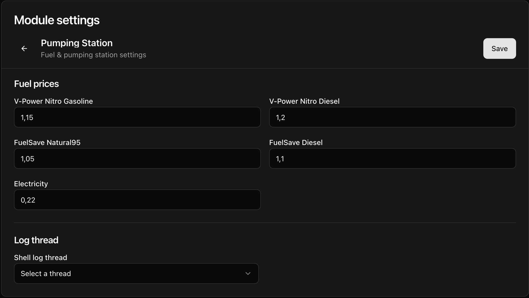 CoreRP Pumping Station settings showing example liquid-fuel prices, an Electricity price of 0.22, no Shell log thread selected, and the Save button