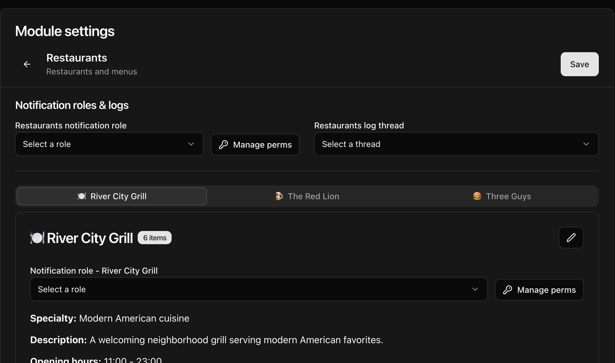 CoreRP Restaurants settings with both notification roles and the log thread unselected, River City Grill selected with six items, and both Manage perms controls visible