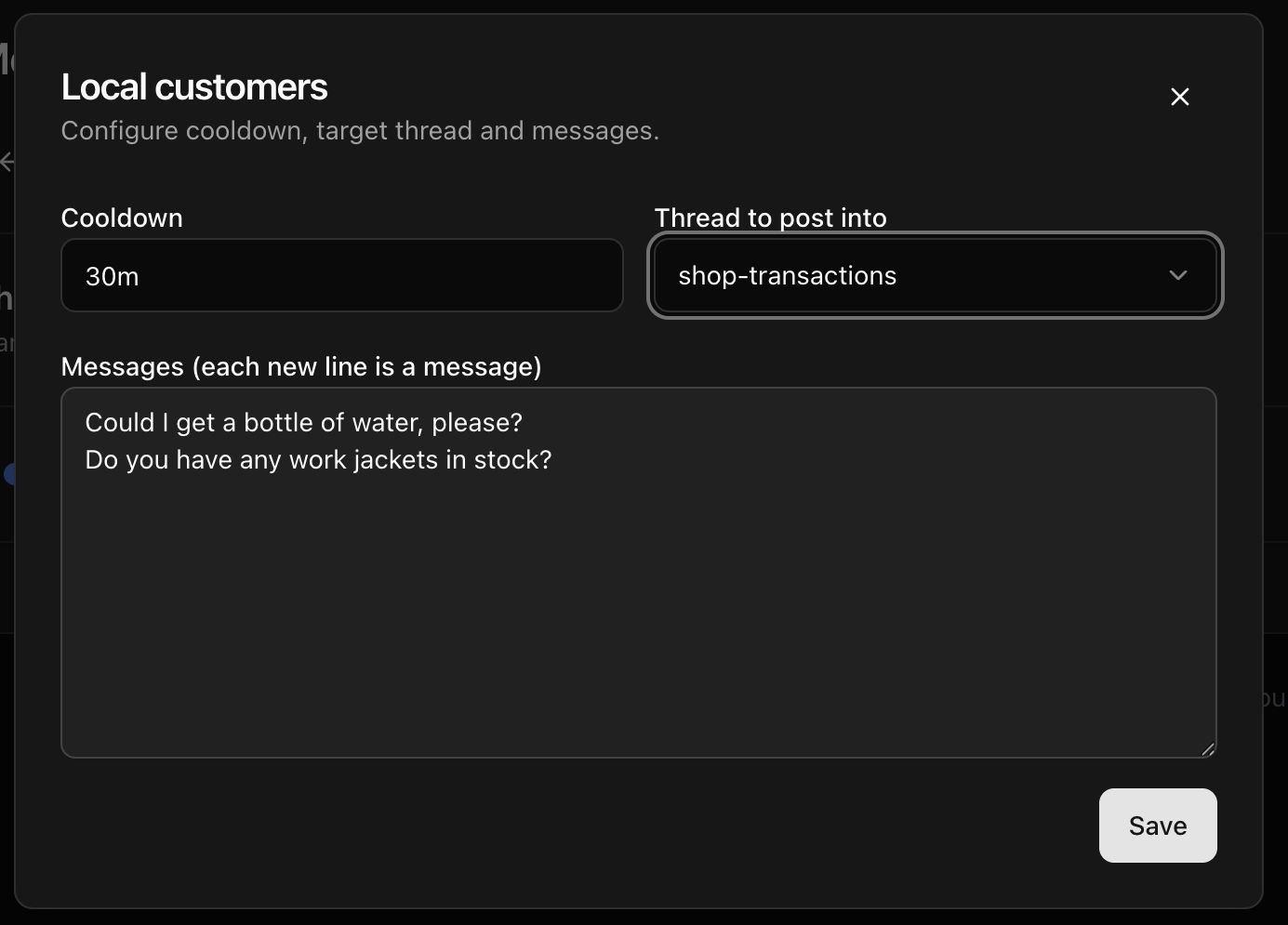 CoreRP dashboard Local customers settings with a 30-minute cooldown, the shop-transactions thread, and two customer messages