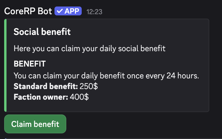 CoreRP Benefit settings showing Default benefit reward at 250 and Majiteľ dávka at 400