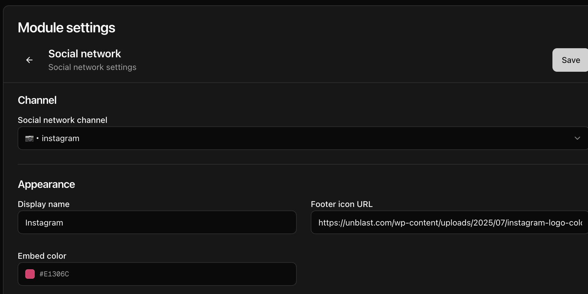 CoreRP Social network settings showing the instagram feed channel, Instagram display name, footer icon URL, and pink embed color